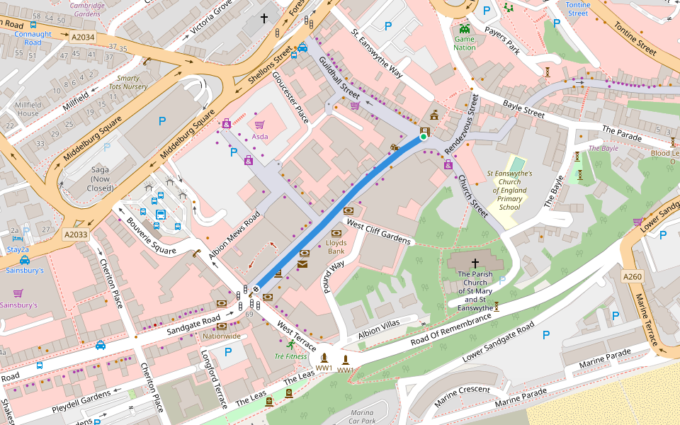 Sandgate Road walking route map in Folkestone