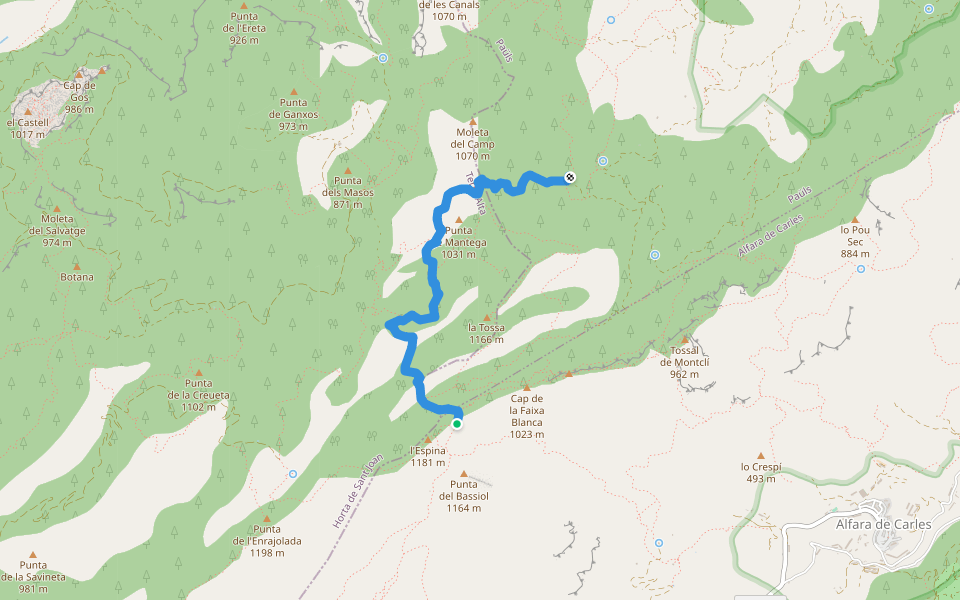 Camí de les Canals walking route map in Alfara de Carles