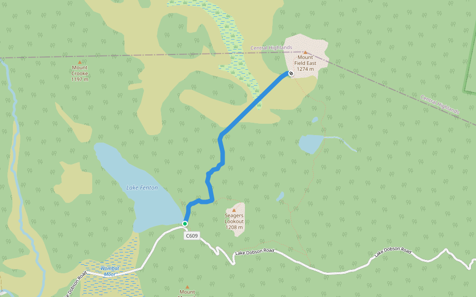 Mount Field East Track walking route map in Mount Field