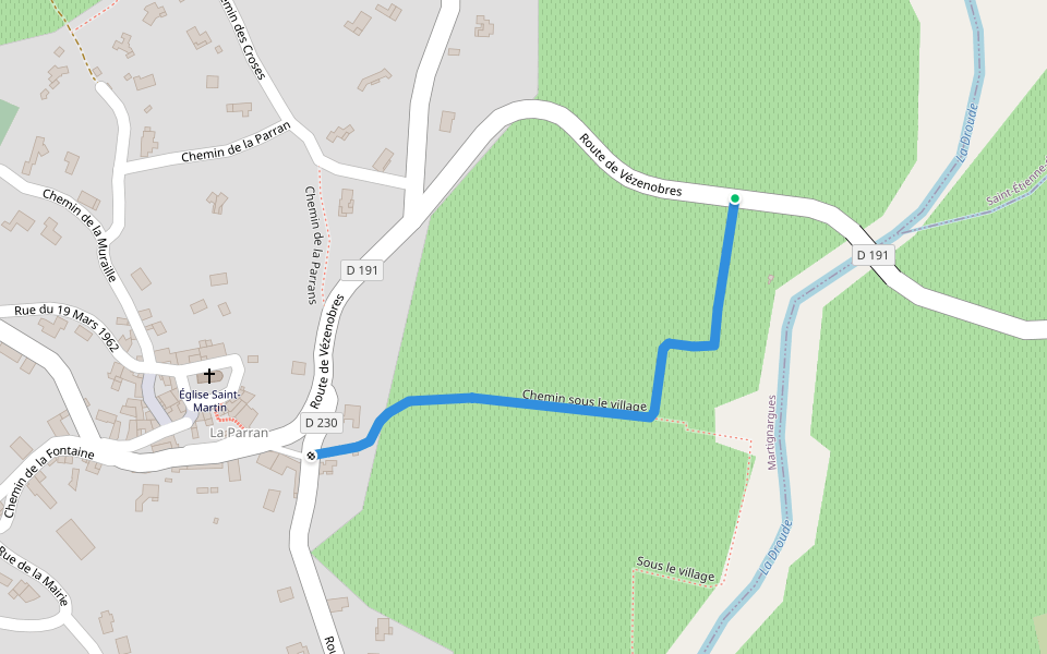 Chemin sous le village walking route map in Martignargues