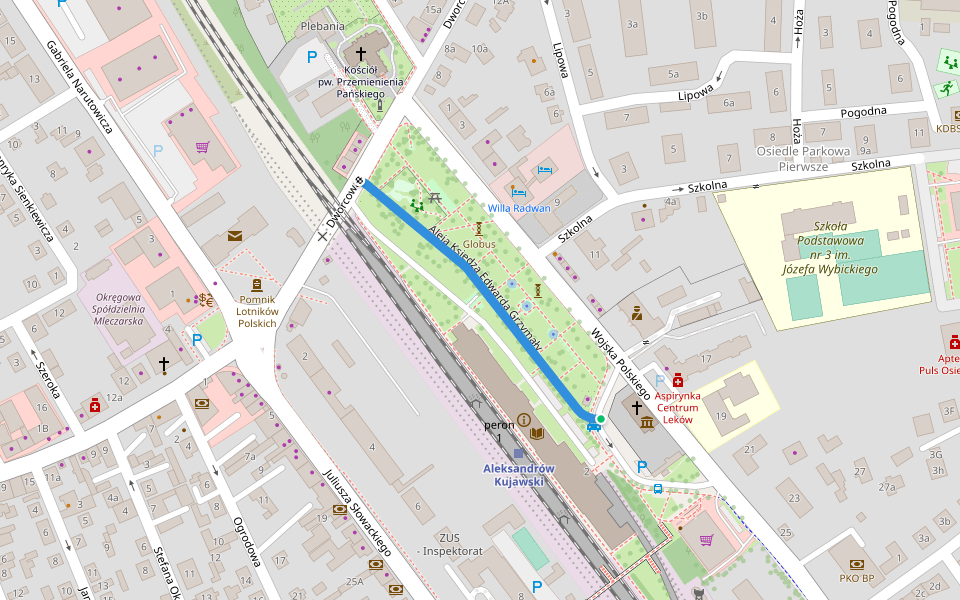 Aleja Księdza Edwarda Grzymały walking route map in Aleksandrów Kujawski