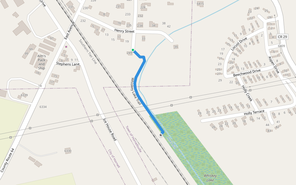 Whiskey Lake Trail walking route map in Hornell