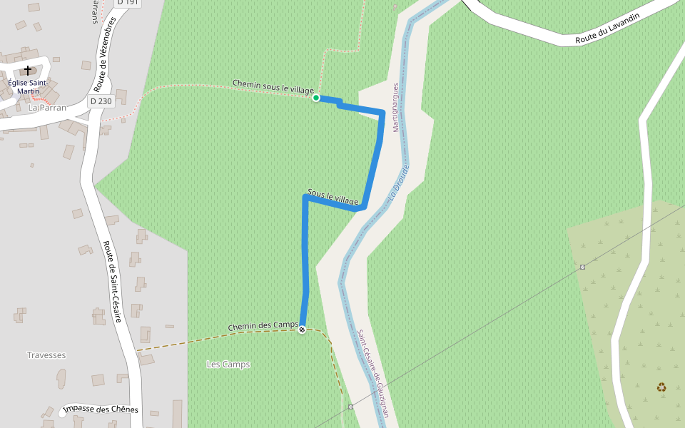 Sous le village walking route map in Martignargues