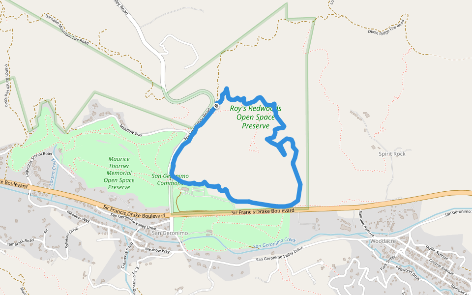 Roy's Redwoods Loop Trail walking route map in Nicasio