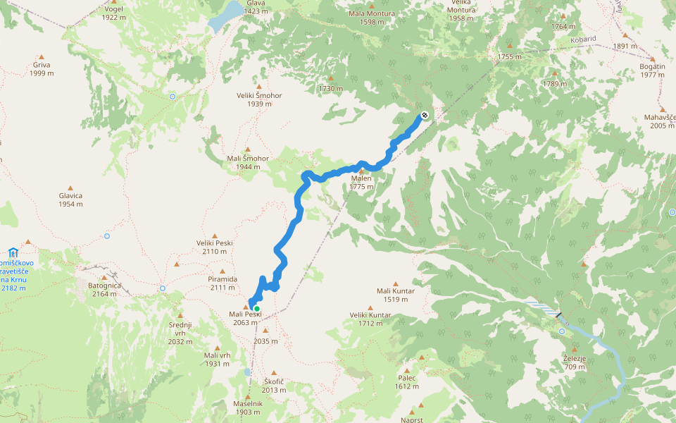 Prehodci - Peski (mulatjera) walking route map in Krn