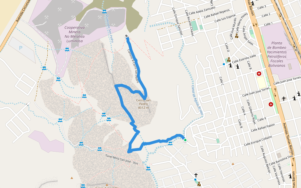 Camino al Cerro San Pedro walking route map in Oruro