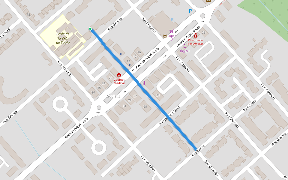 Rue Groseille walking route map in Tonate-Macouria