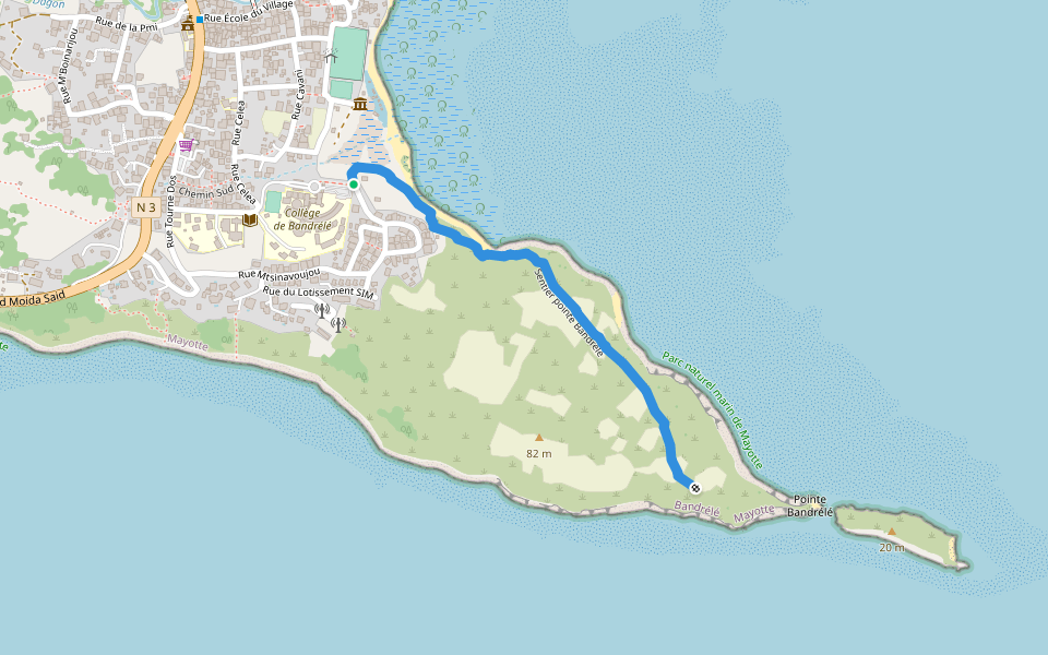 Sentier pointe Bandrélé walking route map in Bandrélé