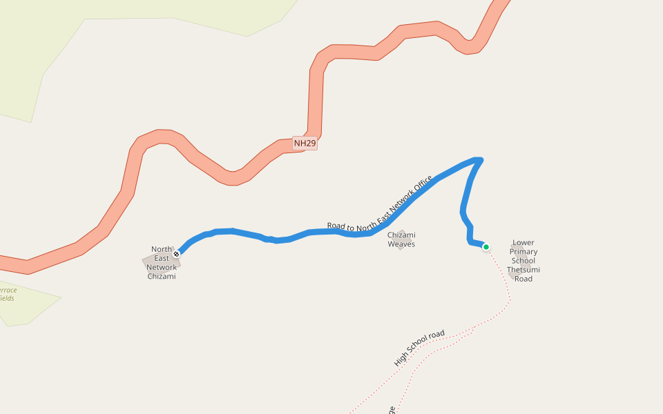 Road to North East Network Office walking route map in Kohima