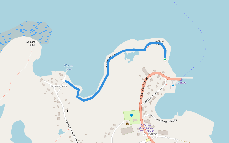 Trail to Pigeon Cove walking route map in Black Duck Cove