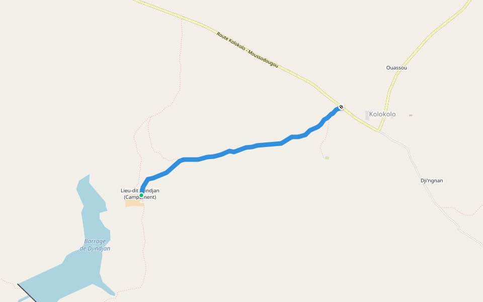 Route de Djindjan (campement) walking route map in Kolokolo