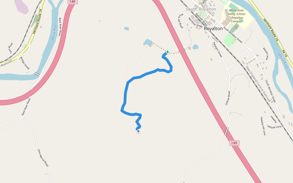 Kents ledge trail walking route map in Royalton