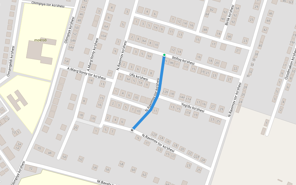 N.Raximov tor ko'shesi walking route map in Beruniy