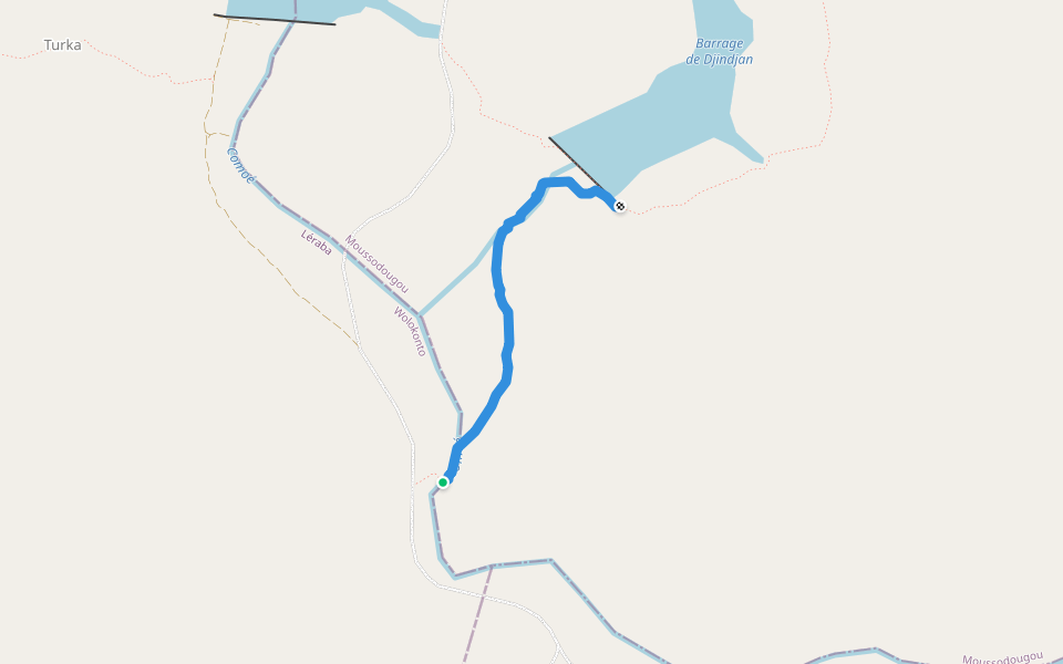 Route Di'ndjan - Bodadiougou (Route Moussoudougou) walking route map in Kolokolo
