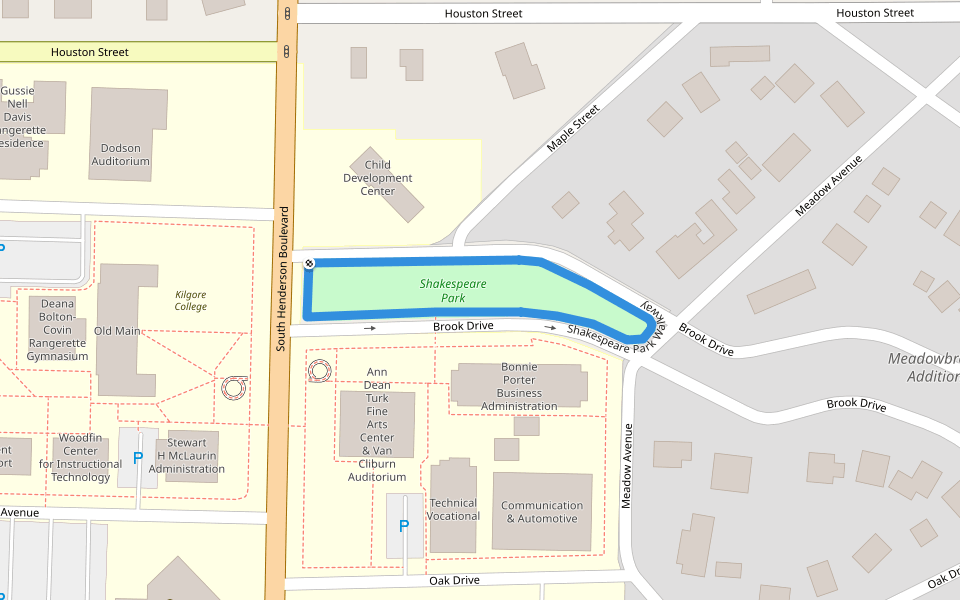 Shakespeare Park Walkway walking route map in Kilgore