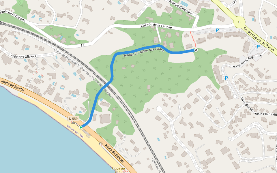 Sentier du Vallon des Fosses walking route map in Sanary-sur-Mer