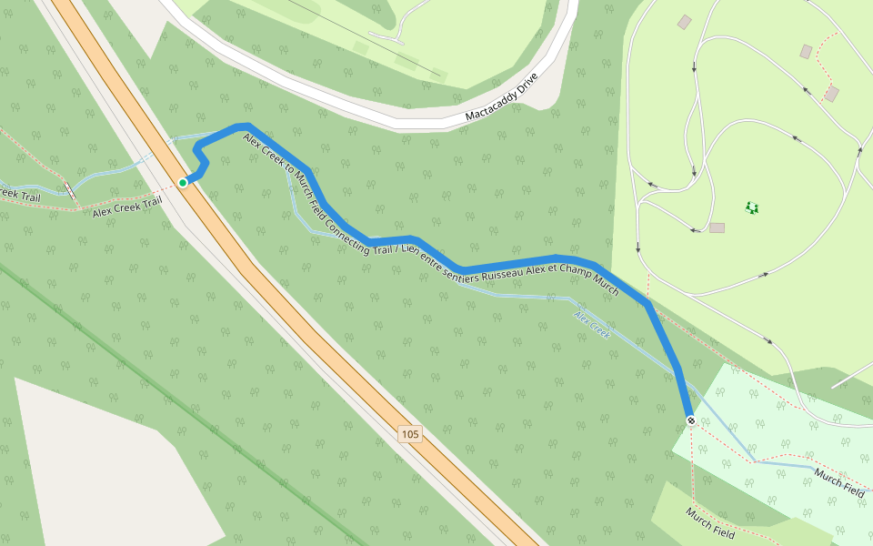 Alex Creek to Murch Field Connecting Trail / Lien entre sentiers Ruisseau Alex et Champ Murch walking route map in Mactaquac