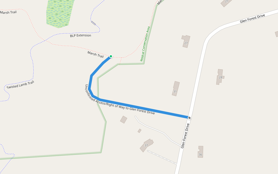 Unconfirmed Access/Right of Way to Glen Forest Drive walking route map in Boxford
