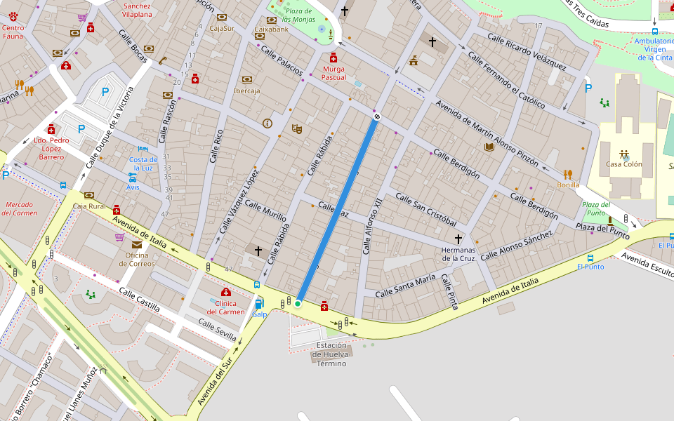 Calle Miguel Redondo walking route map in Huelva