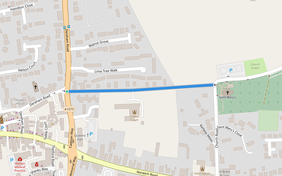 Church Walk walking route map in Watton