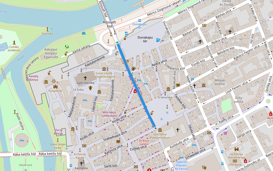 Jedlik Ányos utca walking route map in Győr