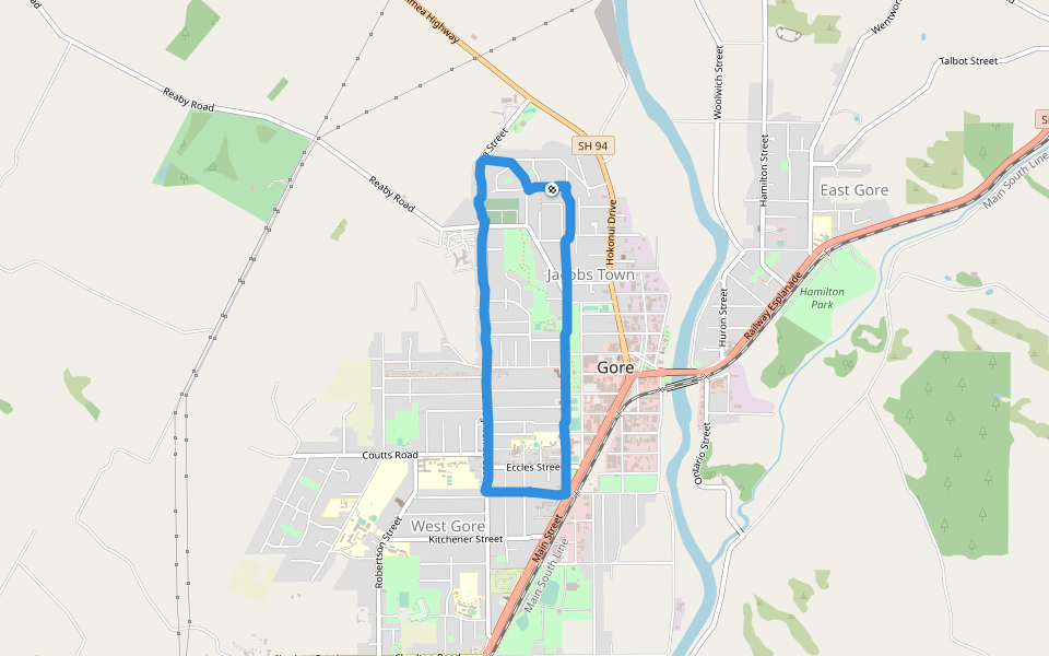 Jacobs Town - Crombie Street walking route map in Gore