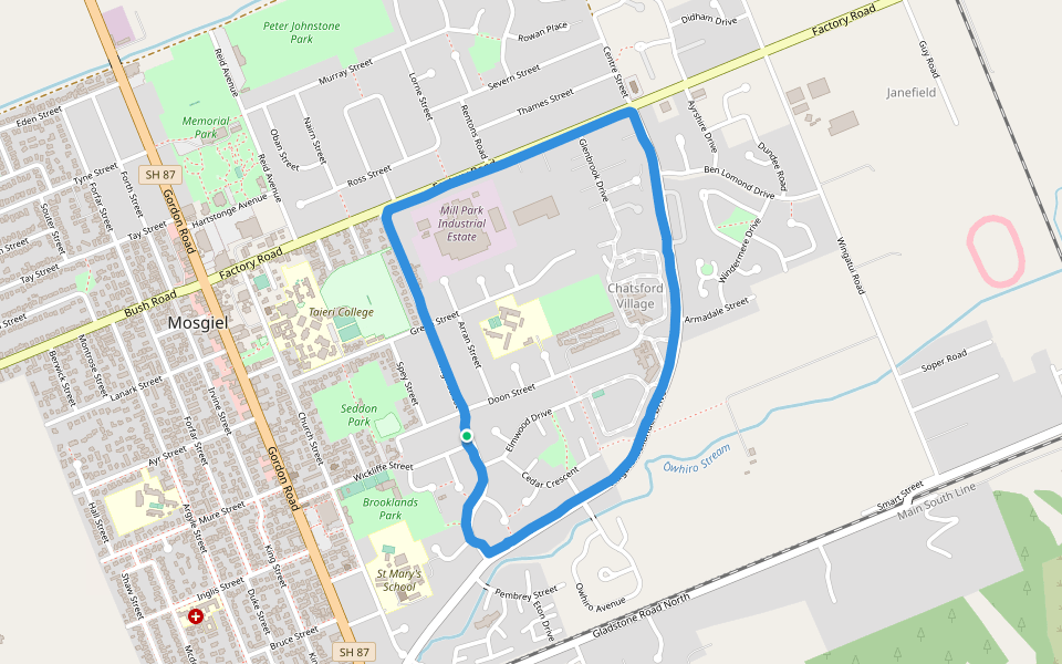 Brooklands Park walking route map in Mosgiel