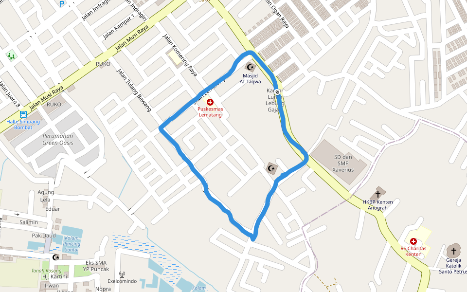 Puskesmas Lematang walking route map in Palembang