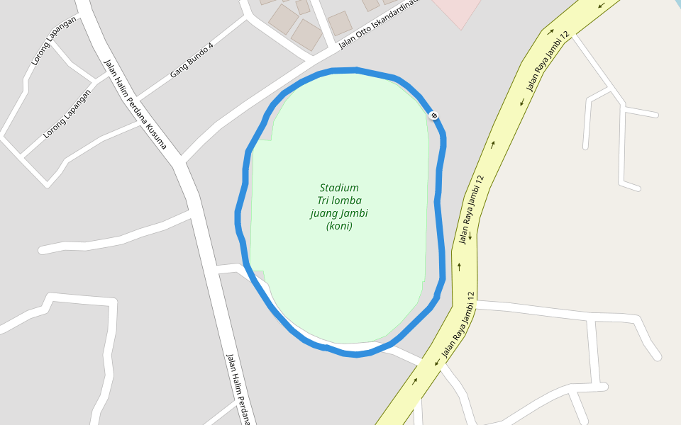 Stadium Tri lomba juang Jambi (koni) walking route map in Jambi