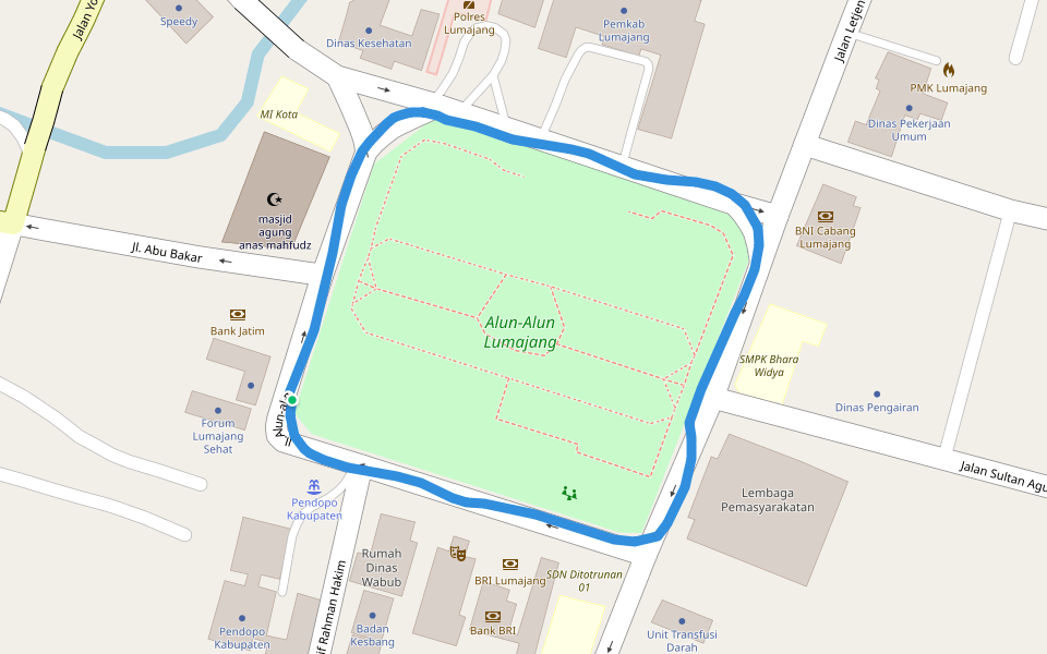 Alun-Alun Lumajang walking route map in Lumajang