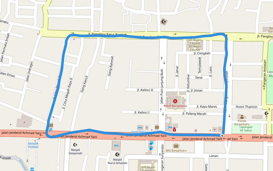 Hotel Rahayu walking route map in Banjarbaru