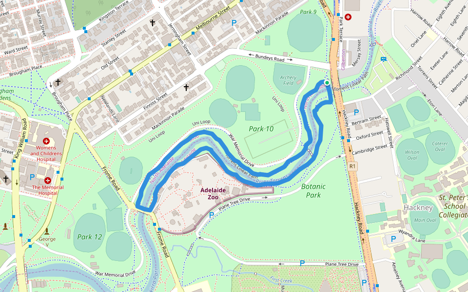 River Torrens walking route map in North Adelaide