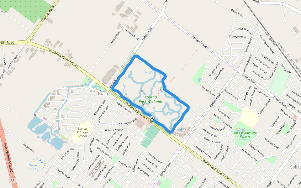 Kaurna Park Wetlands walking route map in Burton