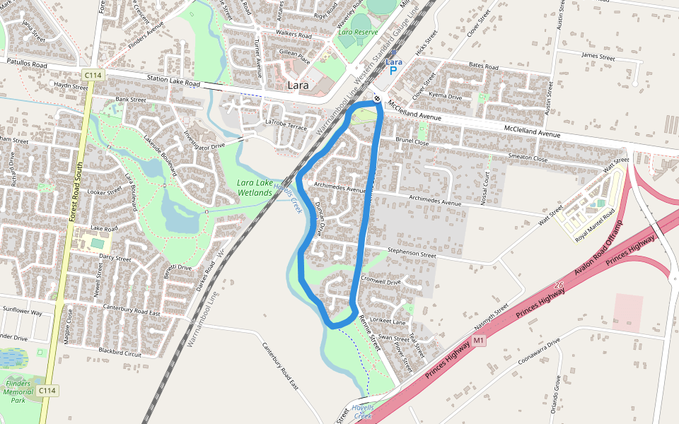 Hovells Creek walking route map in Lara