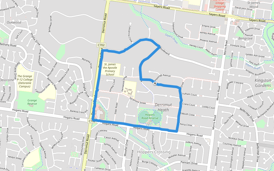 Hogans Road Reserve walking route map in Hoppers Crossing