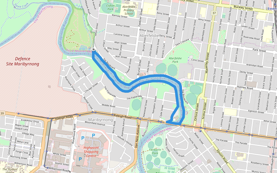 Maribyrnong Park walking route map in Essendon West