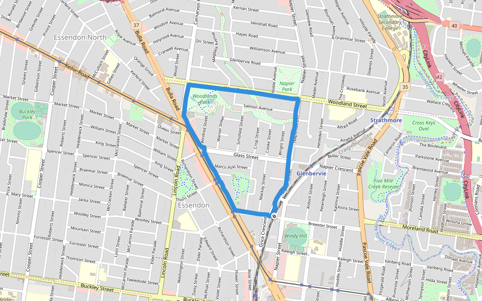 Woodlands Park walking route map in Essendon