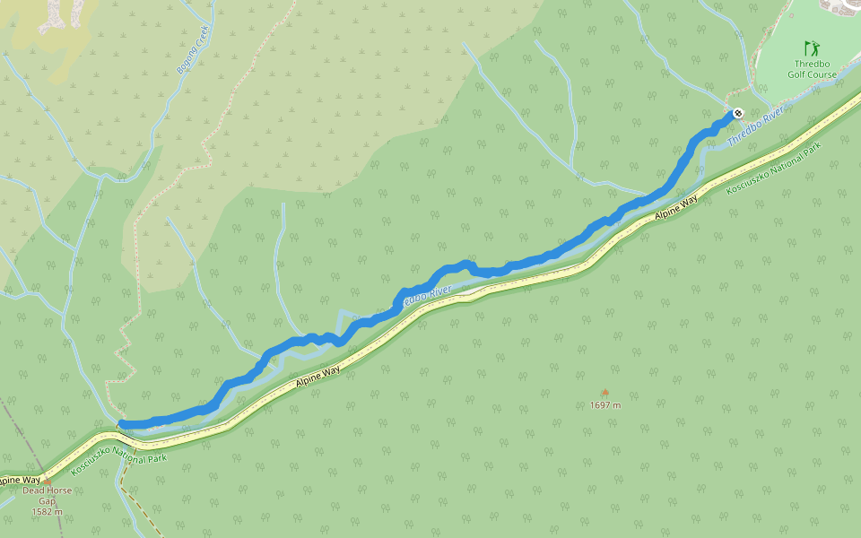 Thredbo River Track walking route map in Jacobs River