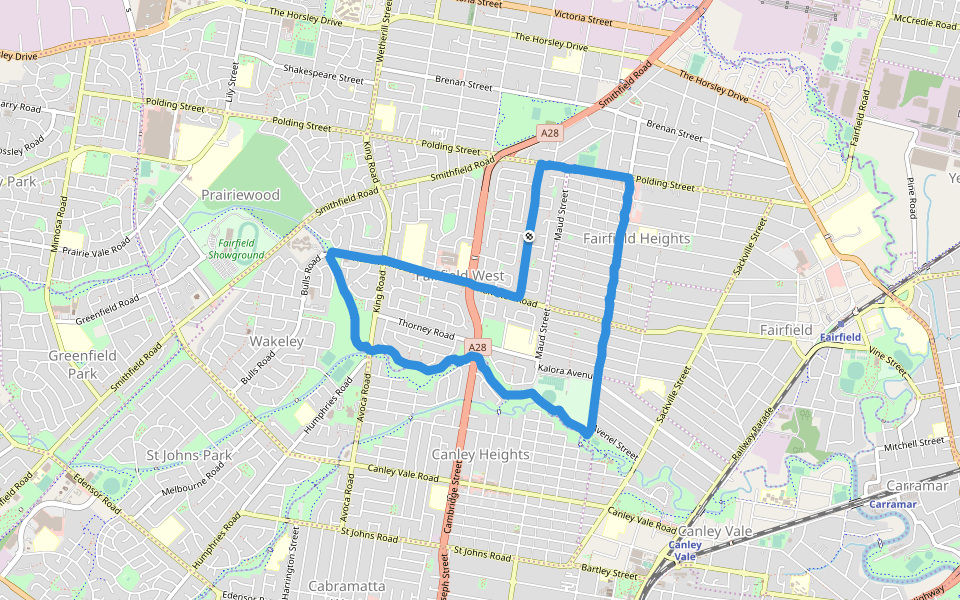 Endeavour Sport Reserve walking route map in Fairfield West