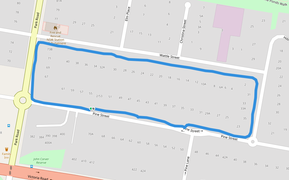 Pine Street walking route map in Rydalmere