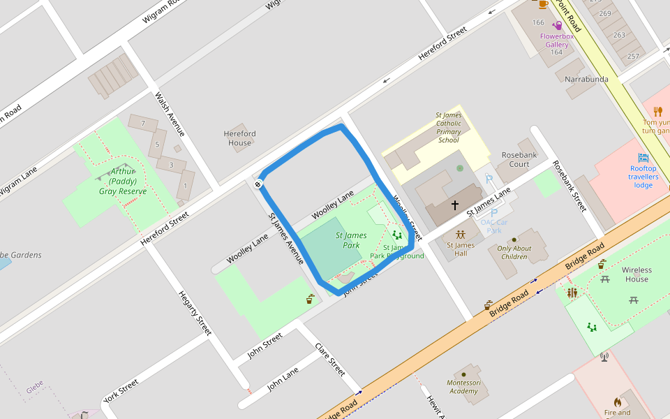 St James Park walking route map in Glebe