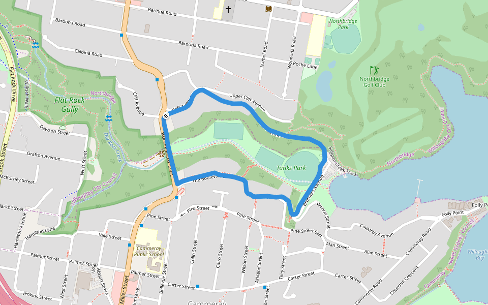 Tunks Park walking route map in Northbridge