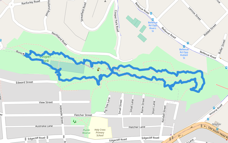 Cooper Park walking route map in Bellevue Hill