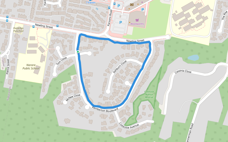 Cottesloe Avenue Reserve walking route map in Lisarow