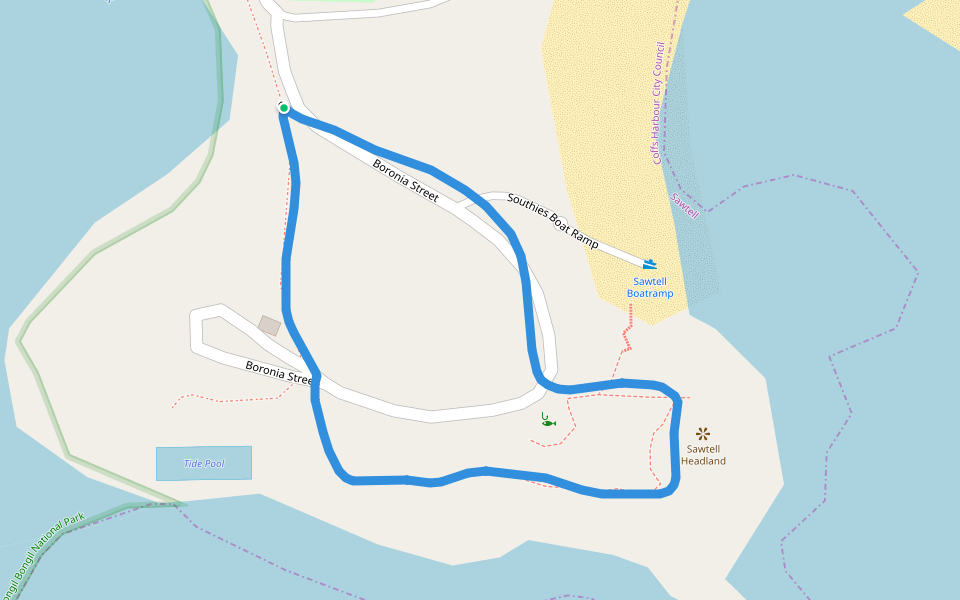 Sawtell Main Beach walking route map in Sawtell