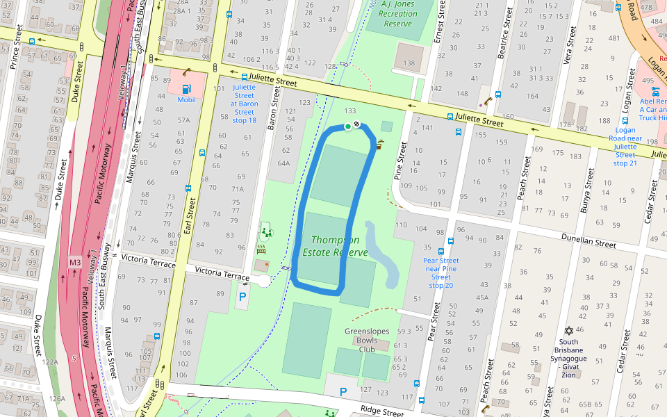 Thompson Estate Reserve walking route map in Greenslopes