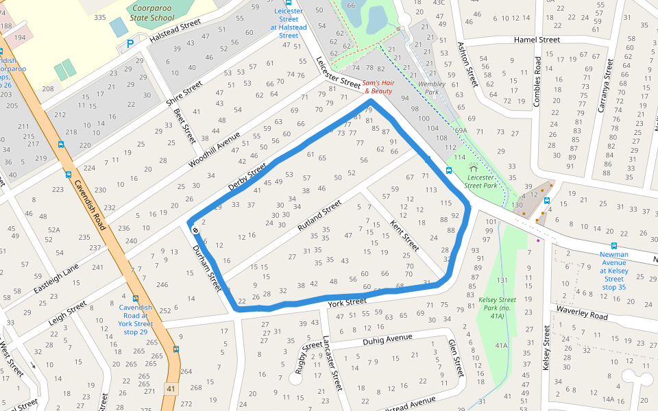 Leicester Street Park walking route map in Coorparoo