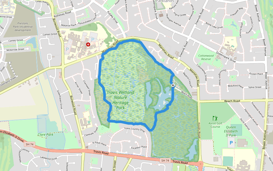 Travis Wetland Nature Heritage Park walking route map in Christchurch