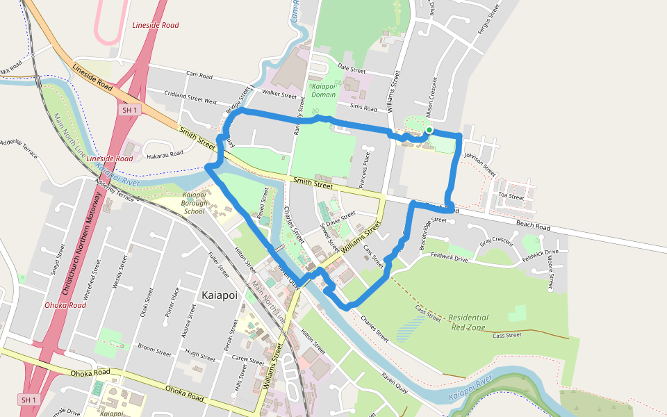 Kaiapoi River walking route map in Kaiapoi