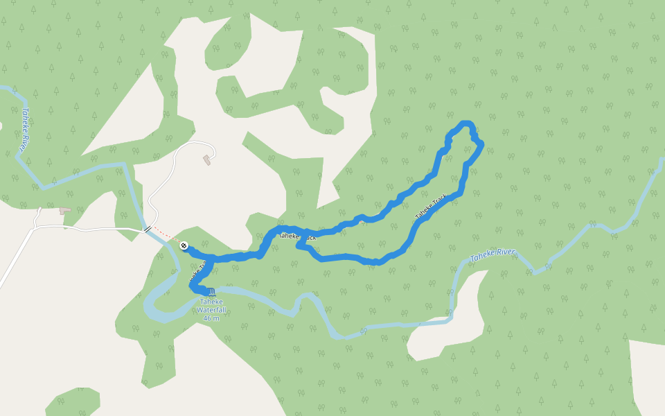 Taheke Waterfall (47m) walking route map in Whareora